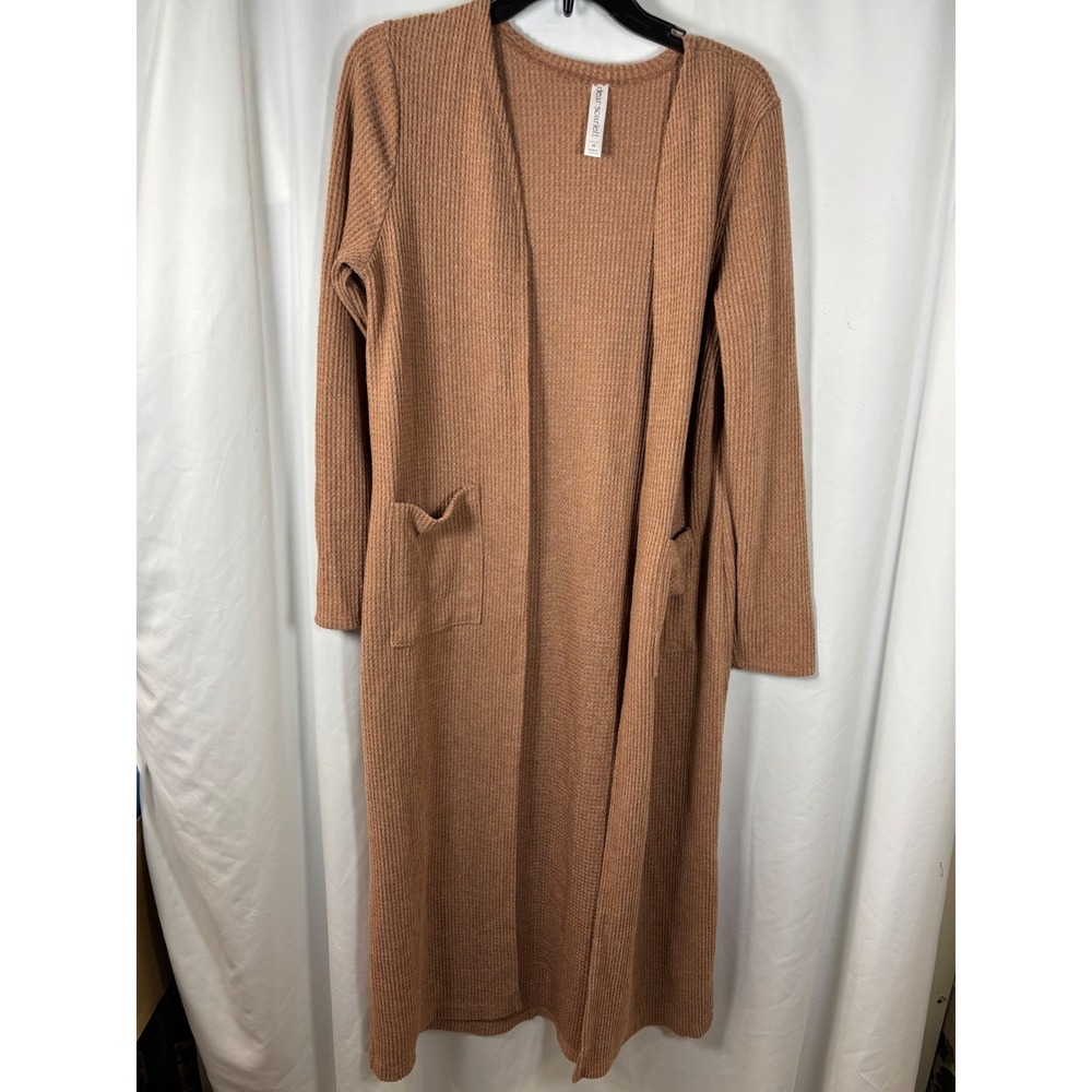 Dear Scarlett Waffle Knit Duster Cardigan Brown Open Front Pocket SET-UNWIND M
